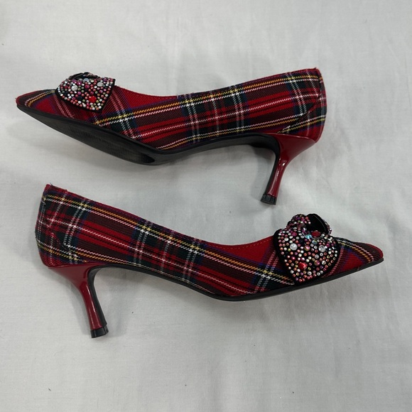 Betsey Johnson Red Tartan Plaid Lexie Kitten Heels Rhinestone Bows Shoes Sz 6m - Picture 5 of 13